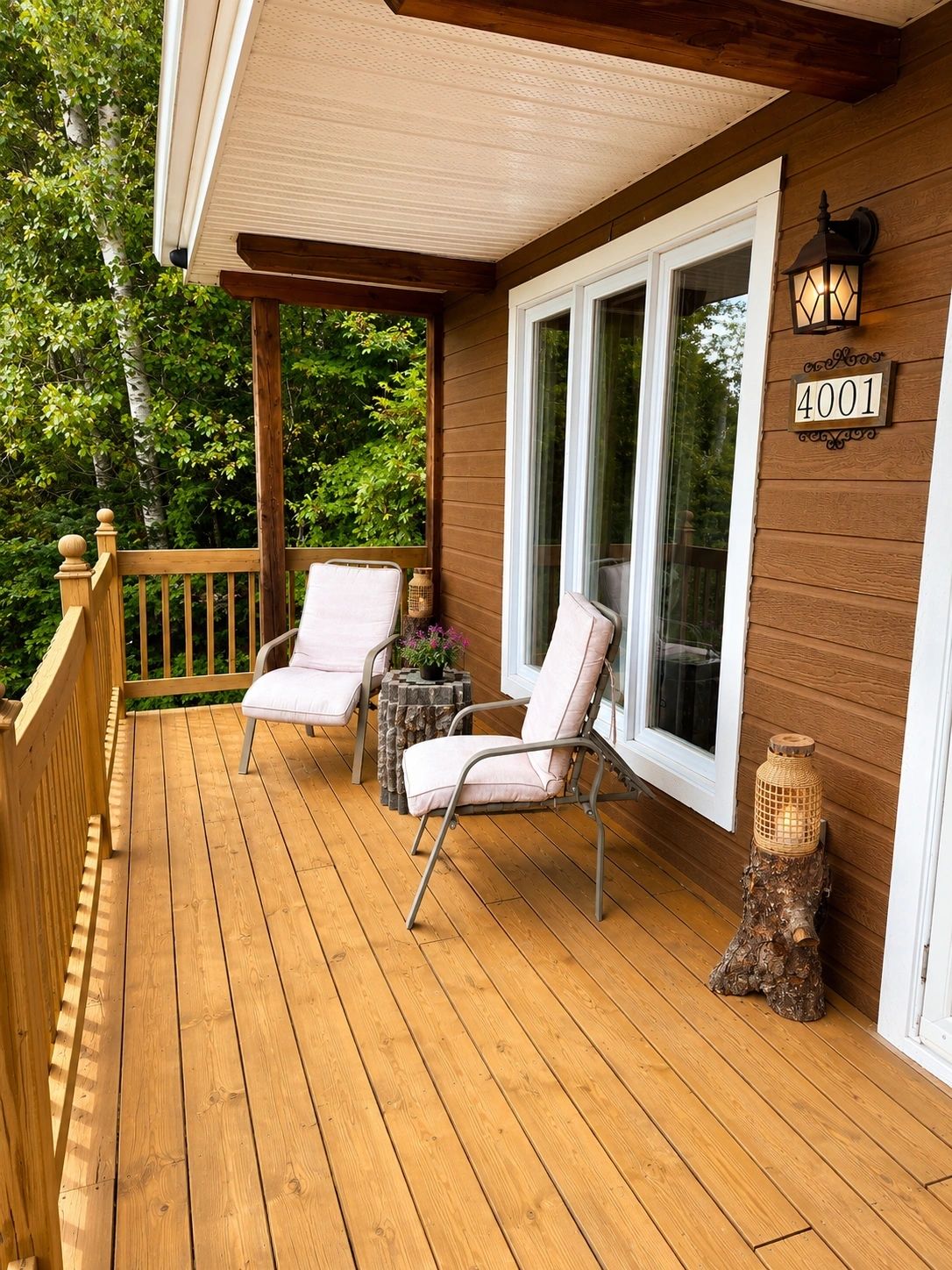 Front porch of the chalet with lounge chairs amid birch trees