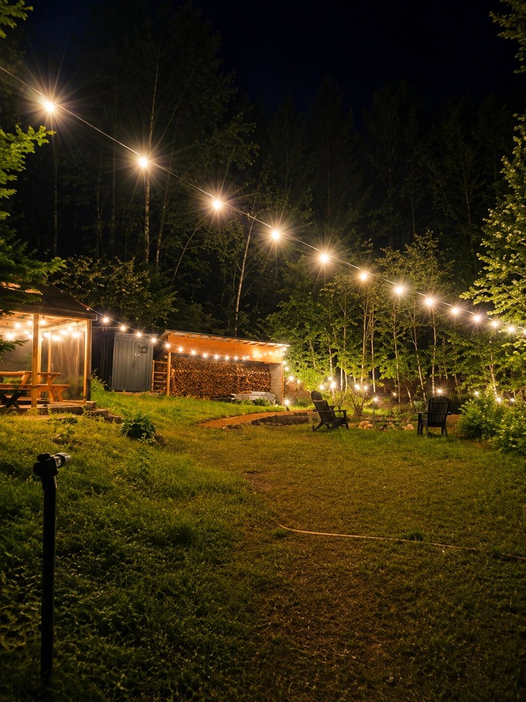 Chalet exterior at night with string lights and forest backdrop